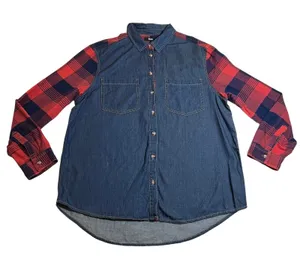 BDG Women's Mixed Media Plaid Flannel Denim Button Up Shirt Size Large Casual thumbnail 1