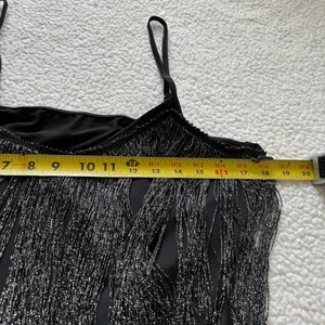 Black Metallic Shimmer Fringe Cami Tank Top XXL Festival coachella rave Goth Y2K thumbnail 3