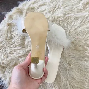 NWOT Cream White Fuzzy Faux Fur Square Toe Open Mule Kitten Heels EU 41 / US 10 thumbnail 5