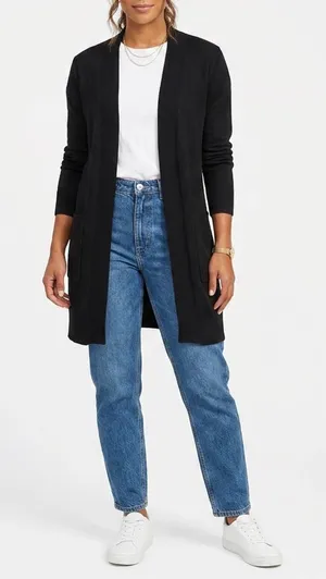 Young USA Womens Black Open Front Longline Cardigan Sweater Small Pockets Ribbed thumbnail 1