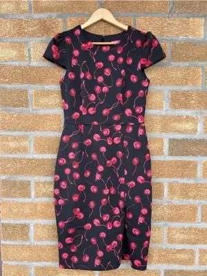 Betsey Johnson Cherry Print Dress 6 Coquette Cherrycore Retro Cap Sleeve Slit⁠ thumbnail 4