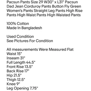 Pants Size 29 W30" x L31" Dad Jean Corduroy Pants Button Fly Green Women's thumbnail 2