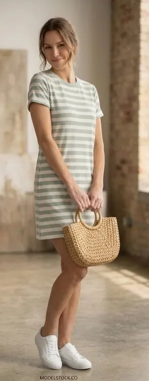 Striped Short-Sleeve Mini Dress - Sage/White thumbnail 1