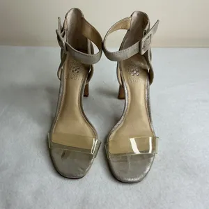Vince Camuto Womens 6M Metallic Champagne Gold Clear Strap Block Heel Sandals thumbnail 3