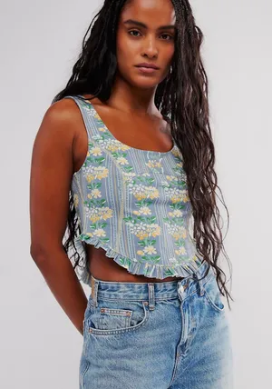 Free People Melanie Tank Top, Dusty Combo, Blue Floral Medium thumbnail 1