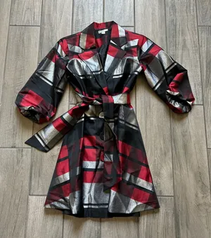 Puli Metallic Silver, Red and Black Plaid Wrap Dress with Belt thumbnail 1