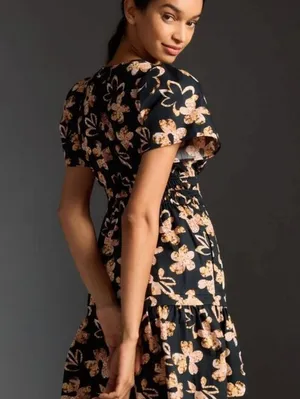 Anthropologie Black 100% Cotton Floral Print Somerset Mini Dress - Size - XL thumbnail 2