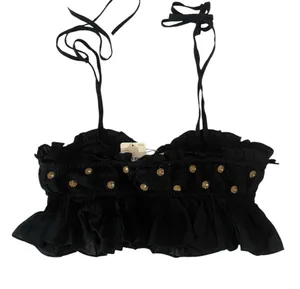 Free People NWT Black Ruffled Embellished Boho Crop Top Sz XS Spring Break thumbnail 4
