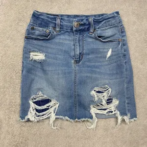 American Eagle Skirt Womens 0 Blue‎ Jean Curvy High Rise Ripped Distressed Denim thumbnail 1