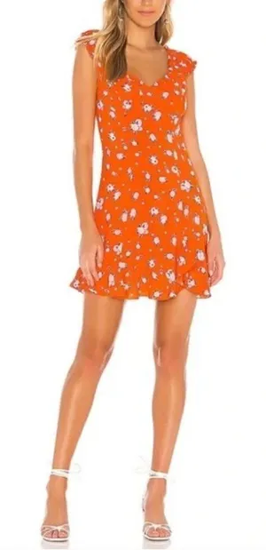 Free People Like a Lady Orange Floral Ruffle‎ Hem Mini Dress M thumbnail 1