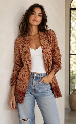 Free People Bellflower Double Breasted Blazer in Tobacco Combo, Size S Boho thumbnail 1