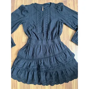 Zara Black Eyelet Embroidered Mini Dress Long Sleeve Tiered Lace LBD - Size M thumbnail 3