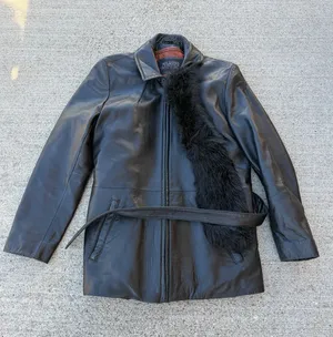 Wilsons Leather Mid length black 100% leather belted jacket removable lining Lg thumbnail 1