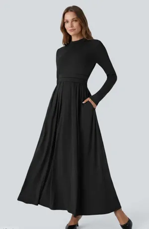 HALARA Black Mock Neck Long-Sleeve Flare Maxi Dress Pocket & Waist Detail XS thumbnail 1