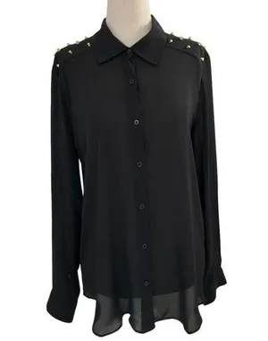 Forever 21 Women Size Medium Button Up Shirt Studded Lightweight Black #14-85E thumbnail 1