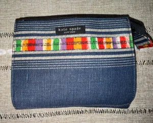 kate spade Navy Striped Canvas Pouch with Multicolor Embroidered Band thumbnail 1