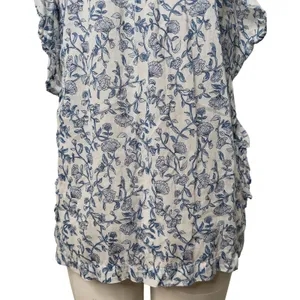Beachlunchlounge‎ White Blue Floral Ruffle Neck Cotton Sleeveless Blouse Small thumbnail 4