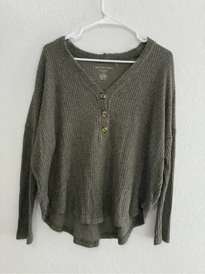 American Eagle Outfitters Olive Waffle-Knit Henley Pullover thumbnail 2