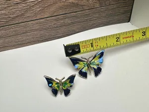 Butterfly Insect Blue Yellow Green Enamel Brooch Pin Gold Tone Set Of 2 thumbnail 4