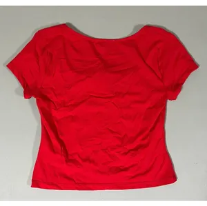 Red Solid Tie-Up Lace-Up Square-Neck Short Sleeve Tee T-Shirt Top Blouse Size M ❤️ thumbnail 2