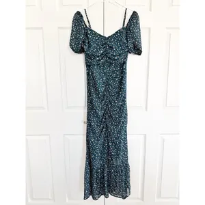 WAYF Nyla Floral Ruched Midi Dress Pine Green Ditsy Floral Puff Sleeve Romantic thumbnail 3
