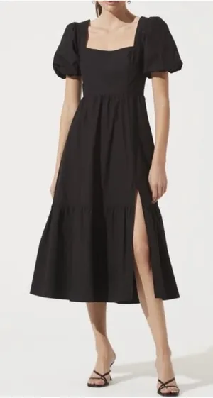 Women’s ASTR the Label Poplin Puff Sleeve Tiered Midi Dress Black Size M thumbnail 1