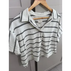 Thread & Supply Striped Polo Top Womens Small White Black V-Neck Short Sleeve thumbnail 2