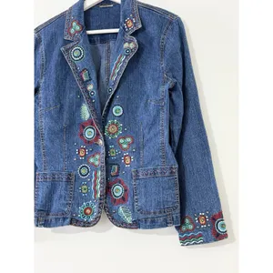 Women’s Aztec Embroidered Denim Jacket Boho Western Floral Pocket Size S thumbnail 6