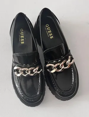 Guess Women's Hillford Shiny Black Faux Leather Platform Chunky Loafers Sz 7.5 thumbnail 1