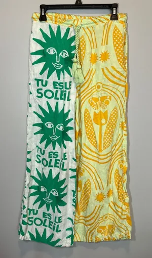Anisa Anthropologie Soleil Wide Leg Sun Print Tassel Pants Green Yellow XS thumbnail 1