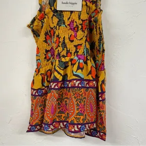 Haute Hippie Mustard Yellow Floral Print Halter Smocked Boho Blouse L Sleeveless thumbnail 9