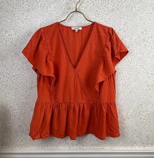 Madewell Rusted Clay Linen-Blend Flutter-Sleeve Peplum Top - Size - Medium thumbnail 1