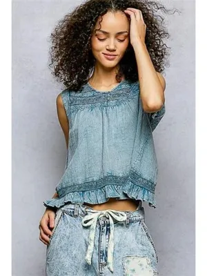 POL Button Closure on Back Ruffled Sleeveless Cotton Blouse with Trim Detail‎ thumbnail 3