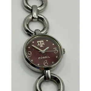 Fossil College Collection Texas A‎ & M Logo Maroon Face Silver Chain Watch thumbnail 2