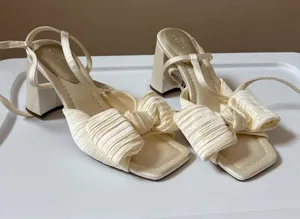 Cream Knotted Strap Block Heel Sandals - Women thumbnail 1