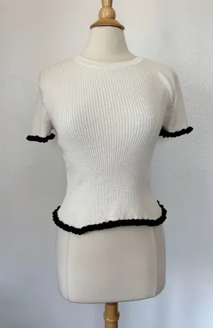Industry Cream Ribbed Short Sleeve Top with Black Ruffle Trim thumbnail 1