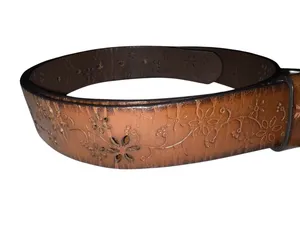 Brow leather belt with dye cut flower design and brass color buckle . thumbnail 6