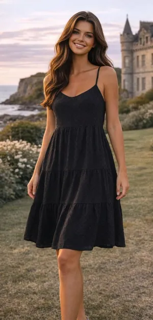Natural Life Black Rayon Tiered Knee‎ Length Dress Quiet Luxury Coquette Euro M thumbnail 1
