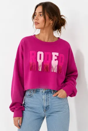 Peach Love California Rodeo Fringe Western Cropped Sweatshirt Pink Pullover M thumbnail 1