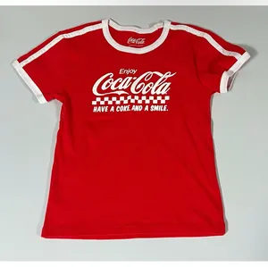 Red White Coca-Cola Graphic Ringer Tee T-Shirt Short Sleeve Top Blouse Size S ❤️✨ thumbnail 2