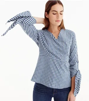 J.Crew x Universal Standard Gingham Tie‎ Blouse Preppy Chic Women Blue White XL thumbnail 1