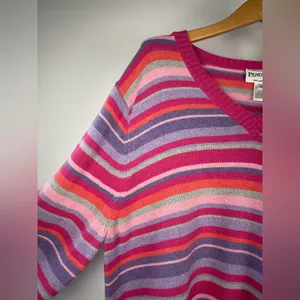 Vintage‎ Pendleton Pink Purple Colorful Stripes 90s Women's V-Neck Knit Sweater thumbnail 3