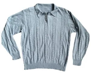 Women's Blue Long Sleeve Knit Eyelet Collared Sweater‎ Preppy Classy Size Med. thumbnail 1