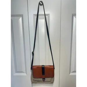 Fossil Kinley Crossbody Bag Womens Small Brown Striped Canvas Leather Flap Purse thumbnail 2
