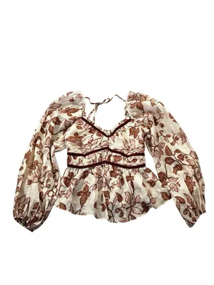 Prómesa Cream Brown Floral Puff Sleeve Babydoll Top Velvet Trim Cottage Renfaire Romance thumbnail 2