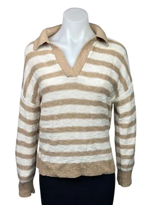 Sonoma Brown Beige Striped Print Cotton Collar Long Sleeve Sweater Top Size M thumbnail 1