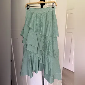 Pearl by Lela Rose Green Ruffle Stripe Asymmetrical Midi Skirt cotton poplin thumbnail 4