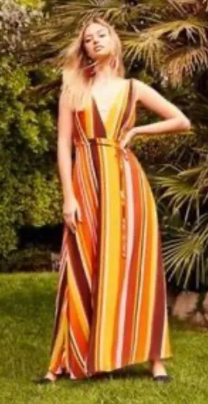 Forever 21 large Striped V-Neck Maxi Dress in Orange, Yellow and Brown thumbnail 1