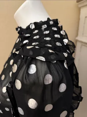 Black Polka Dot Sheer Long-Sleeve Blouse with Ruffled Neckline thumbnail 4