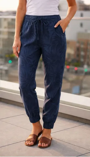 Orvis Blue Navy Leaf Print Jogger Pants M (~18” Waist) NWT thumbnail 1